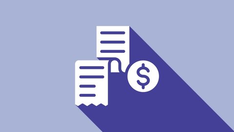 White Paper or financial check icon isolated on purple background. Paper print check, shop receipt or bill. 4K Video motion graphic animation.