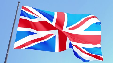 British flag video. 3d Union Flag loop footage at day light. Britain UK Flag Blowing Close Up in 4k Ultra HD resolution, 30 FPS on blue sky background with copy space.