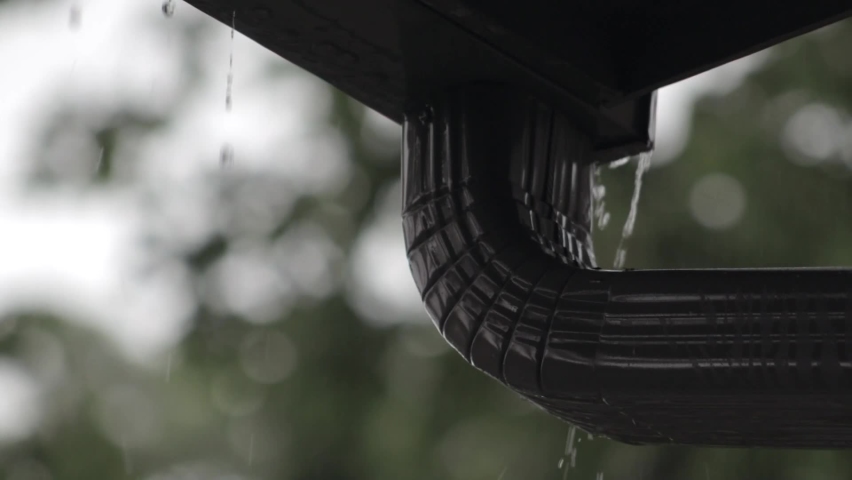 rain gutter over flowing with water during a rain storm in Dallas Texas, close up or rain gutter over flowing with rain water. 