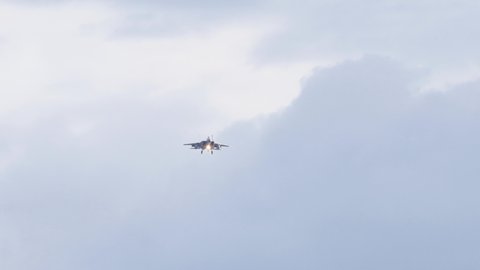 F-15 fighter jet from the Oregon Air National Guard landing at Portland International Airport base. Portland, Oregon - circa 2020.