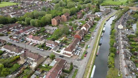 Enfield Lock , canal and housing estate North London Aerial footage .