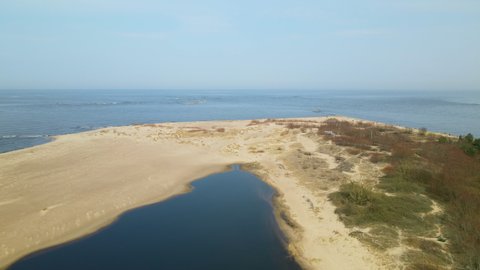 People On Offshore Dune With Observation Deck On Mewia Lacha Nature Reserve In Sobieszewo Island, Bay Of Gdansk, Baltic Sea, Poland. - Aerial Shot