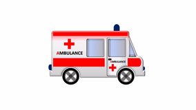 Simple animation: Ambulance vehicle with flashing lights and spinning tires. Isolated with a white background.