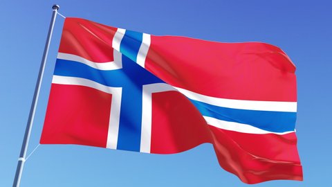 Norwegian flag video. 3d Norway Flag loop footage at day light. Oslo Flag Waving close up in 4k Ultra HD resolution, 30 FPS on blue sky background with copy space.
