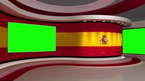 TV studio. Spain. Green screen. Spanish flag. News studio.  Loop animation. Background for any green screen or chroma key video production. 3d render. 3d 