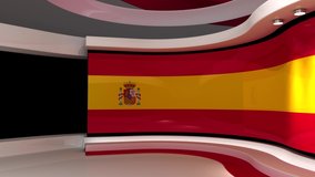 TV studio. Spain. Spanish flag. News studio.  Loop animation. Background for any green screen or chroma key video production. 3d render. 3d 