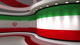 Virtual studio. TV studio. Iran. Iranian flag. News studio.  Loop animation. Background for any green screen or chroma key video production. 3d render. 3d 
