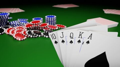 Royal Straight Flush card face In poker gambling in a casino or online gambling Form cards and bet with chips instead of cash. All in with all bets. 3D Rendering