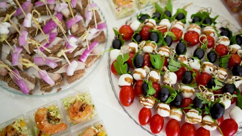 Beautifully Decorated Banquet Table Canapes Restaurant Stock Footage 