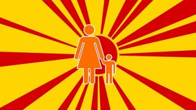 Woman with child symbol on the background of animation from moving rays of the sun. Large orange symbol increases slightly. Seamless looped 4k animation on yellow background