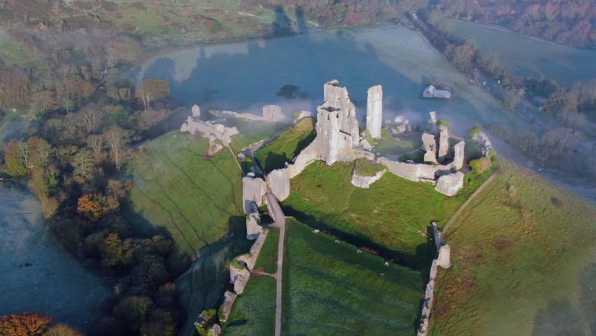 Aerial footage of Corfe Castle, Corfe, Isle of Purbeck, Dorset, England