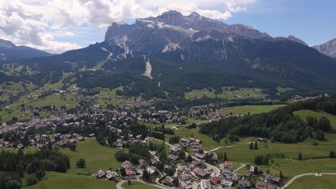 Aerial View Of Cortina d'Ampezzo Valley With Dolomite Mountain Landscape, Italy