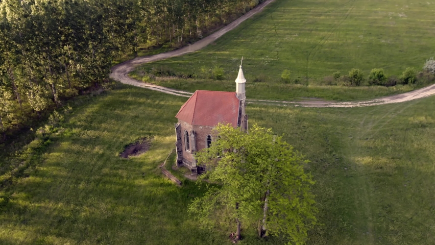 Amazing aerial 4k footage about the Zichy chapel next to Lorev village in Hungary. Cinematic colors with morning lights. 