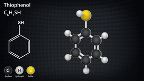 Thiophenol (Thiofenol, Phenyl mercaptan) is an organosulfur compound with the formula C6H5SH (or C6H6S or PhSH). 3D render. Seamless loop. Chemical structure model: Ball and Stick.