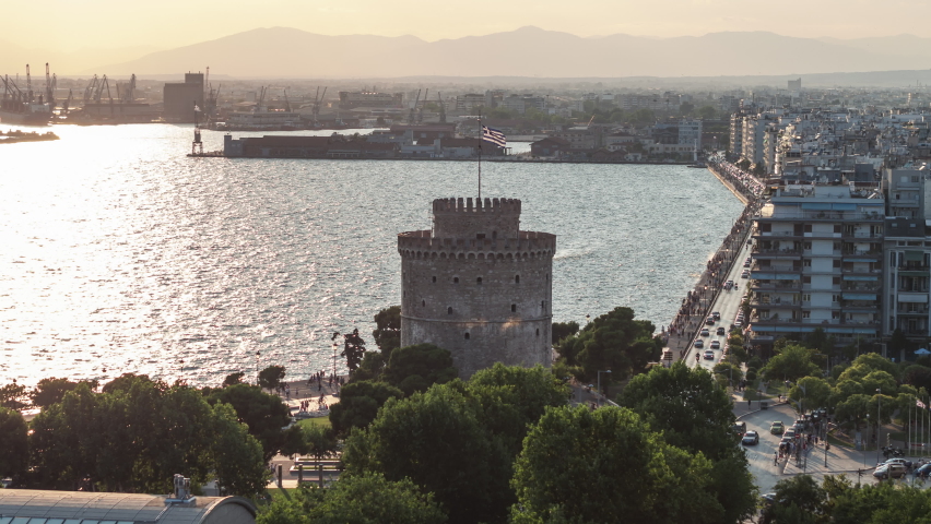 Establishing Aerial View of Thessaloniki, Greece, White Tower, soft light