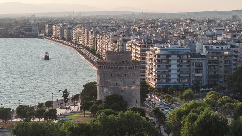 Establishing Aerial View of Thessaloniki, Greece, White Tower, soft light