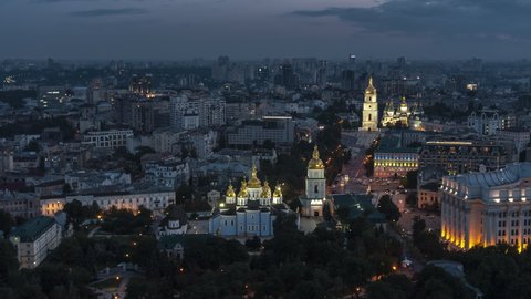 Establishing Aerial View Shot of Kyiv Kiev, Ukraine, capital at night evening