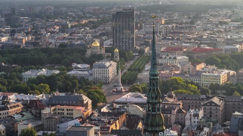 Riga, Latvia - circa 2020 - Establishing Aerial View Shot of Riga, Riga skyline, Latvia