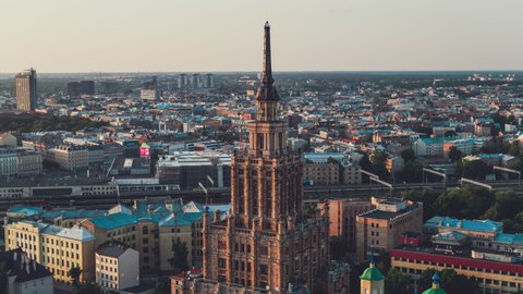 Riga, Latvia - circa 2020 - Establishing Aerial View Shot of Riga, Riga skyline, Latvia