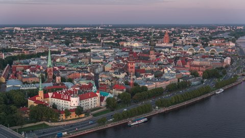 Establishing Aerial View Shot of Riga, Riga skyline, Latvia, Riga castle, day