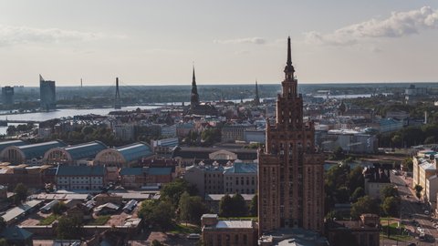 Establishing Aerial View Shot of Riga, Riga skyline, Latvia, day, city center