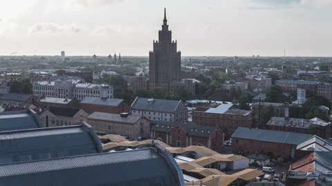 Establishing Aerial View Shot of Riga, beautiful Riga skyline, Latvia
