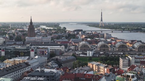 Establishing Aerial View Shot of Riga, beautiful Riga skyline, Latvia