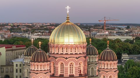 Aerial View Shot of Riga, Riga Nativity of Christ Orthodox Cathedral, Riga Skyline, Latvia, sunset