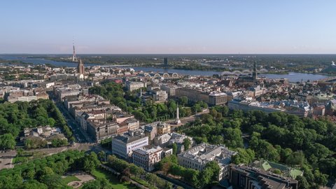 Establishing Aerial View Shot of Riga, Riga skyline, Latvia, park in city center