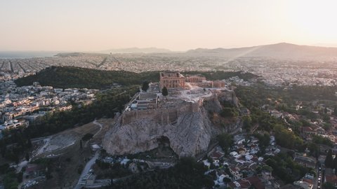 Establishing Aerial View Shot of Athens, Parthenon, sunny Acropolis, Greece