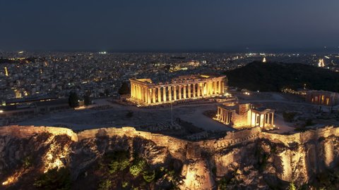 Establishing Aerial View Shot of Athens, Parthenon, night evening,  Acropolis, Greece