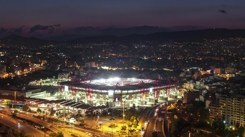 Athens, Greece, circa 2020 - Karaiskaki Stadium at night evening