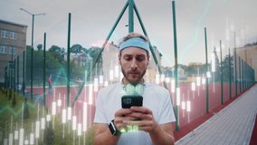 Successful trader checks his income after jogging, running and exercise. Animation of infographics. Augmented reality hologram of rise sales of crypto NFT. Concept visualization - Powered by Shutterstock - Get 15% off with code: PIKWIZARD15