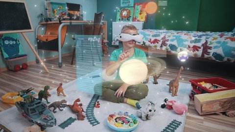 Little smart kid discovers facts about planets in solar system wearing augmented reality headset. Interactive learning indoors. Home school. Innovation technology. Motion graphics