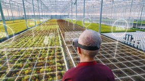 Futuristic agriculture technology of harvest growing control in greenhouse. Worker monitors progress via smart VR headset. Greenery data collection and watering by artificial intelligence. Agro crops - Powered by Shutterstock - Get 15% off with code: PIKWIZARD15