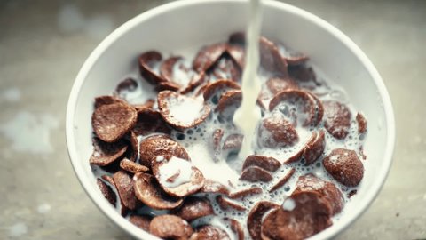 Fresh milk is poured into a bowl filled with chocolate grain balls. Splashes on the porous brown surface of crispy flakes in slow motion