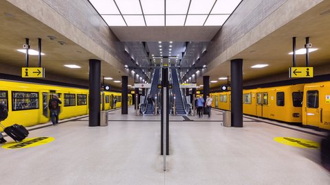 Berlin Germany - May 15 2020: Time Lapse of arrival and departure subway at Unter den Linden station, Berlin, Germany