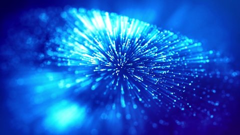 blue shiny sparkling particles with light rays move in a viscous liquid. It is 4k 3d animation as motion design background or a science fiction, abstract festive laser show