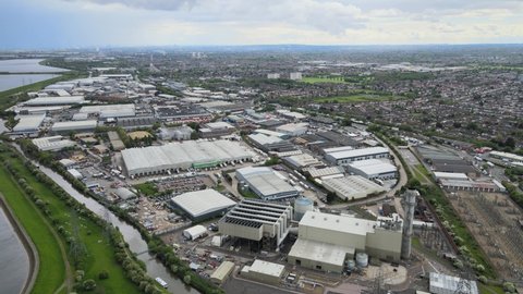 Brimsdown Enfield industrial estate Lea Valley UK Aerial reveal footage.
