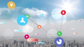 Animation of social media text on banners with digital icons over cityscape. global networking, social media, technology and communication concept digitally generated video. - Powered by Shutterstock - Get 15% off with code: PIKWIZARD15