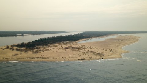 Mewia Lacha Nature Reserve With Vistula River In Sobieszewo Island, Over Bay Of Gdansk, Baltic Sea, Poland. - Aerial Shot