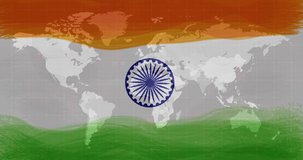 Composition of covid 19 cells over indian flag and world map. global covid 19 pandemic indian healthcare crisis concept digitally generated video.