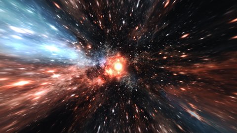 Abstract hyperspace tunnel through space time vortex. 4K 3D Loop Sci-Fi interstellar travel through  wormhole in hyperspace. Abstract teleportation velocity jump in cyberspace with supernova light.
