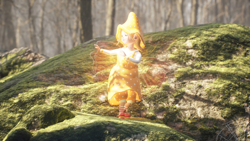 A cute cheerful elf is dancing a fiery dance on a green stone in a summer sunny forest. Fairy elven magic concept. The loopable animationis for fantasy, fabulous or children's backgrounds. | Shutterstock HD Video #1072995008