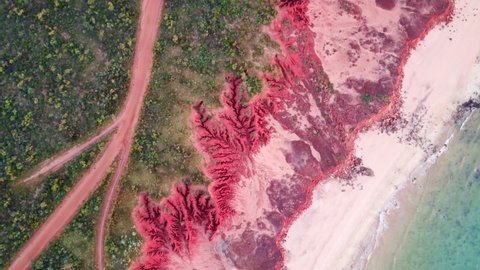 Green Field With Dirt Track At Headland Of James Price Point In Broome, Australia. - aerial