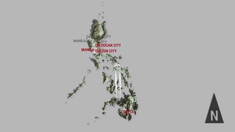 Seamless looping animation of the 3d terrain map of Philippines with the capital and the biggest cites in 4K resolution