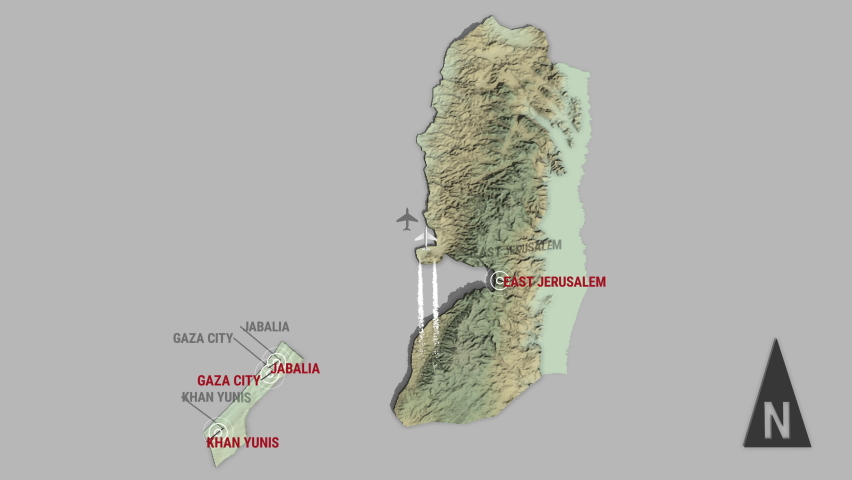 Seamless looping animation of the 3d terrain map of Palestine with the capital and the biggest cites in 4K resolution