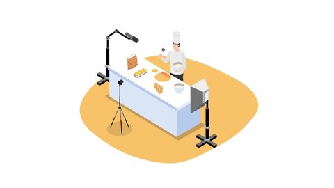 Male chef animation cooking in the kitchen while recording video by using a camera for his online video channel