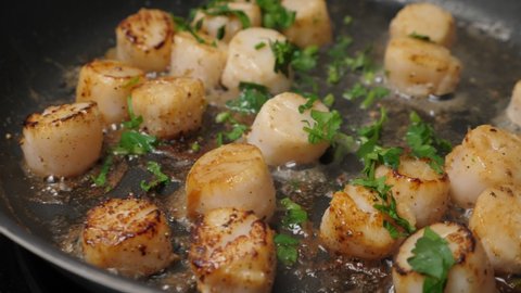 Cook scallops on frying pan. Cooking process. Top view