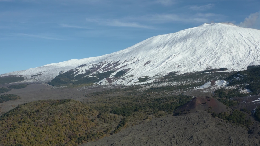 The snow-capped Etna volcano with lava flows and craters at the base.	